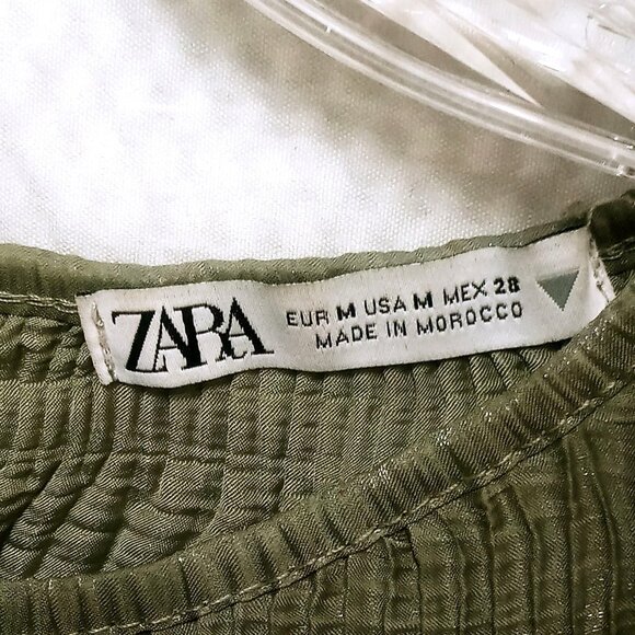 Zara Women's Shirt Size Medium Olive Green Crop Top Textured Puff Sleeve Top - Picture 3 of 9